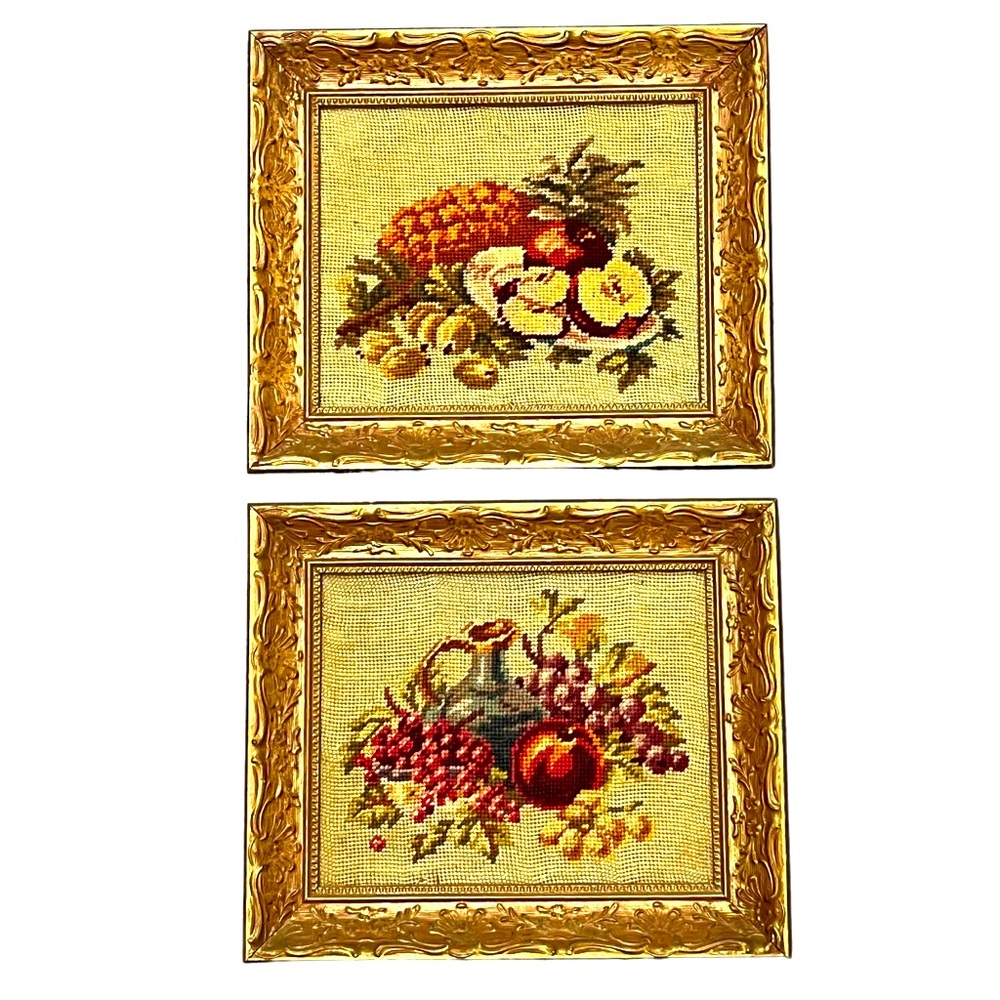 Pair of vintage cross stitched fruit needlework in 11.5 x 13 gold wooden frames